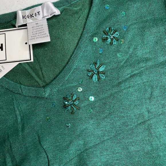 Vintage KIKIT Solid Teal Pullover V-Neck Long Sleeves Sweater Size M - New WT - Picture 4 of 6